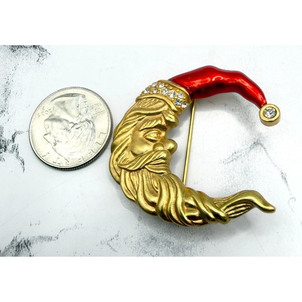 New Santa Moon Brooch Gold Tone Red Enamel Rhinestone Crescent Pin - Picture 4 of 5